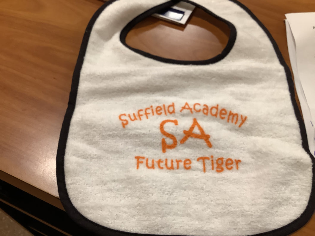Suffield Academy White Bib with orange lettering